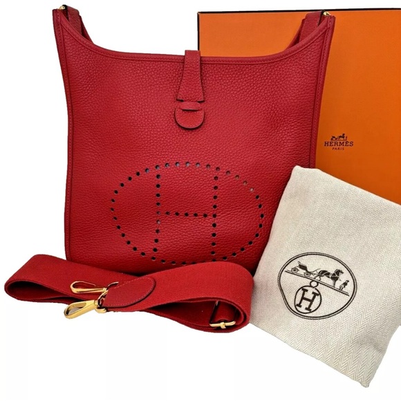 Hermes Handbags - AUTH 2023 HERMES H GHW EVELYNE III PM ROUGE VIF CLEMENCE CROSSBODY SADDLE BAG